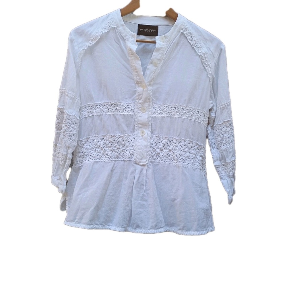Wivica Dest Stockholm Womens Popover Top 40 White Boho Eyelet Lace Blouse Small